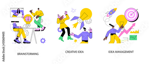Creative thinking abstract concept vector illustration set. Team brainstorming, idea management, project management, startup collaboration, find solution, product development stage abstract metaphor.