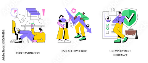 Business termination abstract concept vector illustration set. Procrastination, displaced workers, unemployment insurance, professional burnout, lost job position, claim form abstract metaphor.