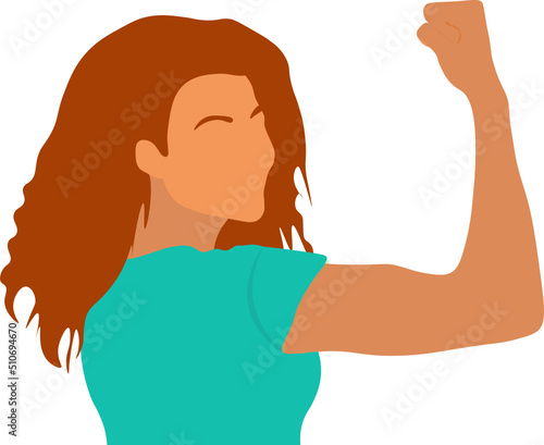 mujer mostrando el brazo, mujer empoderada, gesto de mujer fuerte, mujer mostrando puño cerrado. fondo transparente