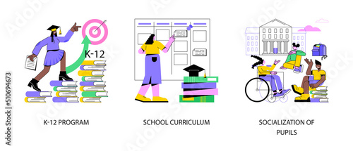 Education program abstract concept vector illustration set. K-12 program, school curriculum, pupils socialization, public school, learning calendar, academic course, play together abstract metaphor.
