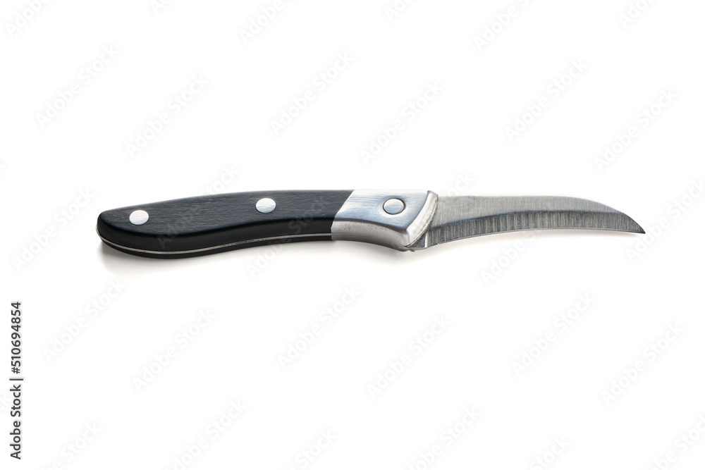 Vegetables knife with curved blade isolated on white background. Pocket knife for cooking closeup view. Kitchen equipment. Vegetables knife with curved blade isolated on white background. Pocket knife for cooking closeup view. Kitchen equipment.