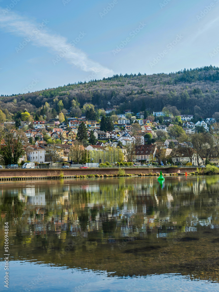 Vertical shot of Heidelberg village houses reflection on Neckar river, Germany