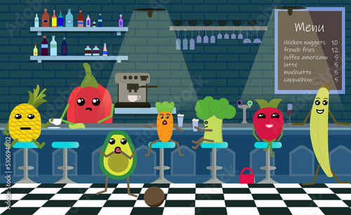 night club party with fruits and vegetables