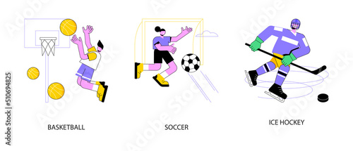 Team sport abstract concept vector illustration set. Basketball and soccer, ice hockey, tournament winner cup, professional college sports team, play ball, game championship abstract metaphor.
