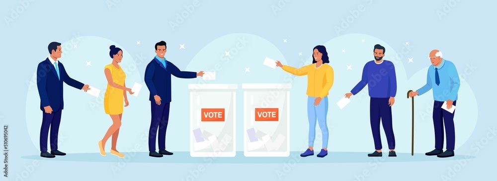 Election campaign. Different voters casting ballots at polling place. People making decision and putting paper ballot in vote box. Idea of democracy and government Election campaign. Different voters casting ballots at polling place. People making decision and putting paper ballot in vote box. Idea of democracy and government