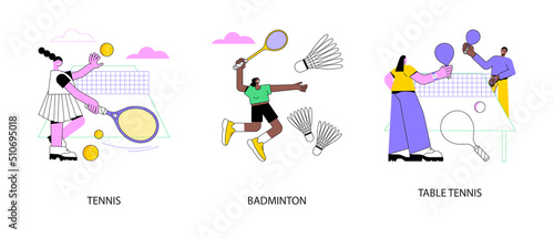 Racket sport abstract concept vector illustration set. Tennis and badminton, table tennis, professional player, tennis court, club training, ping pong game, racket rental, fitness abstract metaphor.