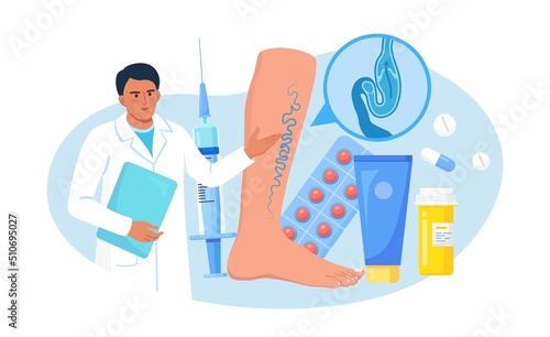 Vein Thrombosis and Varicose Treatment Concept. Doctor examining of Huge Foot and diagnosis Blood Vessels and Veins diseases. Podiatry. Vector design