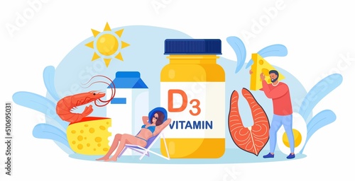 Vitamin D. Tiny people with fish, bottle of vitamins, cheese, milk, shrimp, eggs. Woman sunbathing and using food supplements for deficiency reduction. Wellbeing and health. Vector design