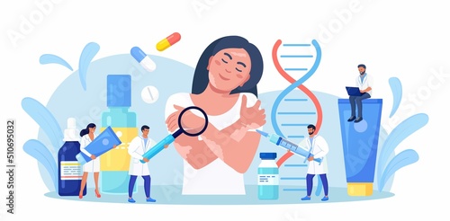 World vitiligo day. Doctor examines patient with skin problems. Happy girl hugs herself with vitiligo. Treatment of autoimmune diseases with tablets, ointments. Vector design photo