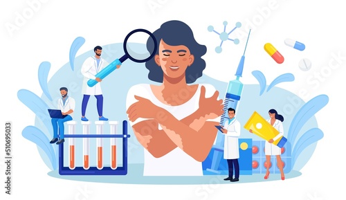 World vitiligo day. Doctor examines patient with skin problems. Happy girl hugs herself with vitiligo. Treatment of autoimmune diseases with tablets, ointments, blood test. Vector design photo