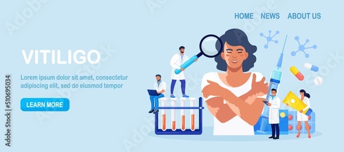 World vitiligo day. Doctor examines patient with skin problems. Happy girl hugs herself with vitiligo. Treatment of autoimmune diseases with tablets, ointments, blood test. Vector design