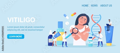 World vitiligo day. Doctor examines patient with skin problems. Happy girl hugs herself with vitiligo. Treatment of autoimmune diseases with tablets, ointments. Vector design