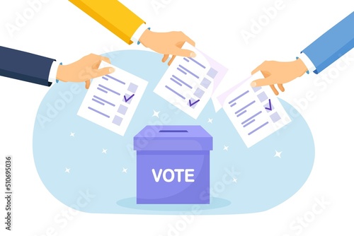 Vote ballot box. Group of people putting pepper vote into the box. Election concept. Democracy, Freedom of speech, justice voting and opinion. Referendum and poll choice event. Vector design photo