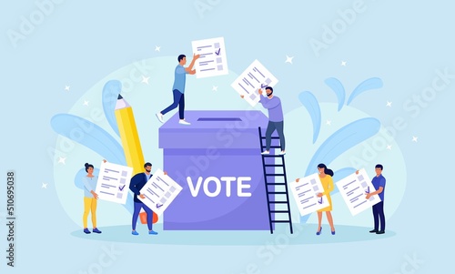 Vote ballot box. Group of people putting pepper vote into the box. Election concept. Democracy, Freedom of speech, justice voting and opinion. Referendum and poll choice event. Vector design