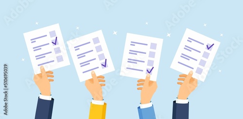Voting concept. People's hands holding vote ballots. Election, democracy. Freedom of speech, justice opinion. Referendum and political poll. Vector design