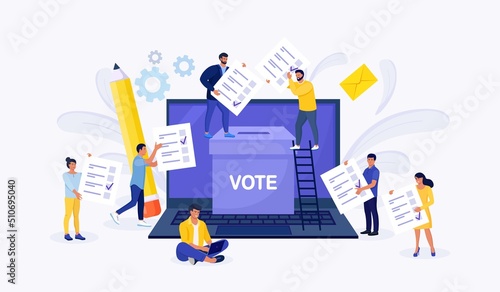 Voting online concept. People putting vote paper in the ballot box on a laptop screen. Online polling, political election or survey, electoral internet system. Vector design photo