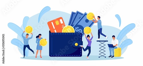 Successful People with Big Wallet Full of Money, Credit or Debit Card. Person Putting Coin into Purse. Investment, Earnings Money. Businessmen Increasing Capital and Profits. Wealth and Savings Vector