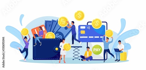 Online withdraw cash from smartphone to purse. Money transfer with digital wallet. Cashback, reward concept. Tiny people put huge coins to wallet with credit card, dollar bill. Online payment. Vector 
