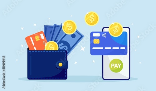 Money transfer with digital wallet. Cashback, reward concept. Mobile phone with banking app, purse with cash, coin, credit card, dollar bill. Online payment