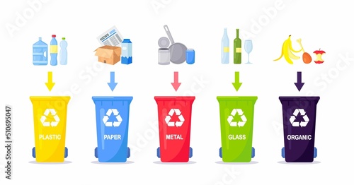 Waste collection, segregation and recycling. Garbage separated into different types and collected into waste containers. Each bin for different material. Vector design