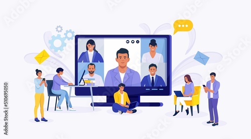 Online video conference Colleagues talk to each other on computer screen. Tiny people e-learning by webinar training, tutorial podcast concept. Teacher conducts online meeting with students. Vector