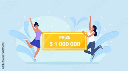 Happy women winning money prize. Winners holding bank check for one million dollars. Lucky girl win jackpot in lottery. Fortune, luck concept. Vector design