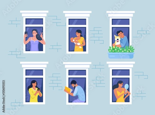 Outer wall of house with neighbors and dog at windows. Happy men and women look out of apartments reading, take photo, chatting with phone, hugging, holding child. Stay home, daily routine activity