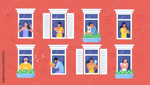 Outer wall of house with neighbors and dog at windows. Happy men and women look out of apartments reading, take photo, chatting with phone, hugging, listening music. Stay home, daily routine activity.