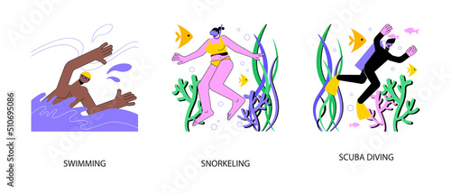 Recreational sport abstract concept vector illustration set. Swimming pool, snorkeling underwater mask, scuba diving, exotic travel, summer holiday, sea water, underwater diver abstract metaphor.