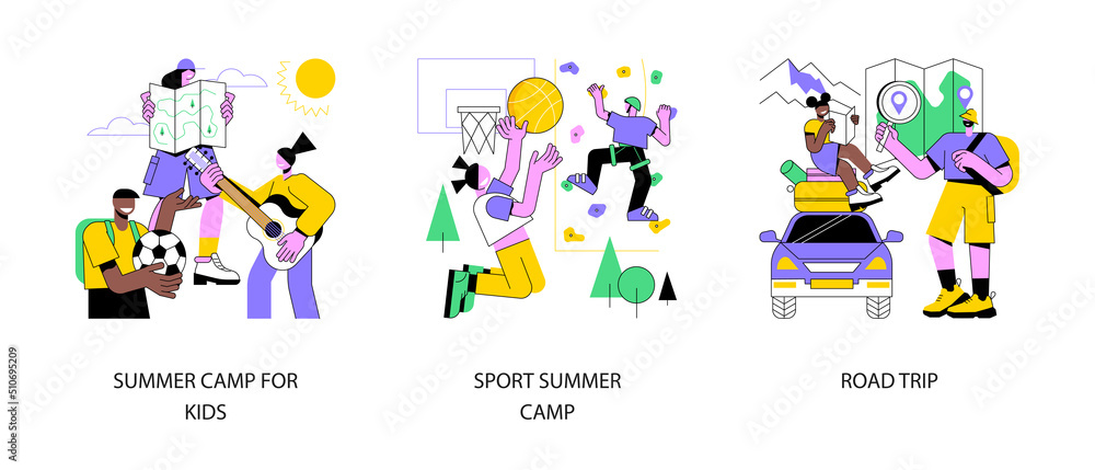 Active summertime abstract concept vector illustration set. Summer camp for kids, sport skills development, road trip, socializing, scout camping, traveling by car, rental service abstract metaphor.
