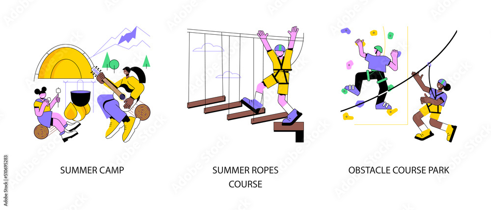 Active lifestyle abstract concept vector illustration set. Summer camp, ropes course, obstacle course park, family holiday activity, sport training, forest resort, vacation time abstract metaphor.