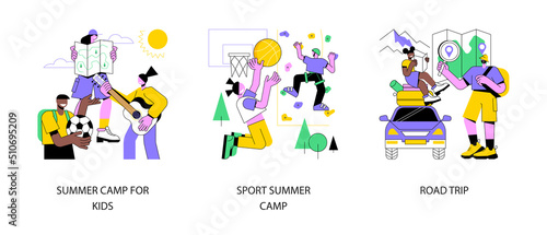 Active summertime abstract concept vector illustration set. Summer camp for kids, sport skills development, road trip, socializing, scout camping, traveling by car, rental service abstract metaphor.