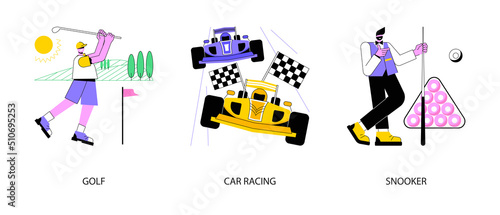 Professional sport abstract concept vector illustration set. Golf world championship, Formula 1 automobile sport, snooker biliard game, professional racer, high speed, grand prix abstract metaphor.