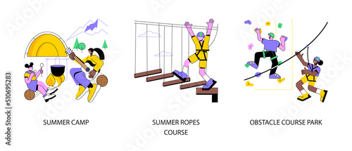 Active lifestyle abstract concept vector illustration set. Summer camp, ropes course, obstacle course park, family holiday activity, sport training, forest resort, vacation time abstract metaphor.