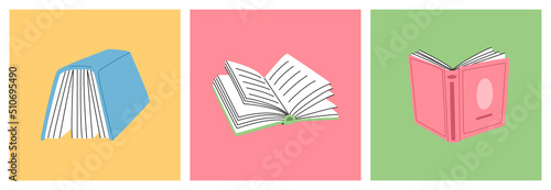 Set of open books. Education and literature concept. Read more. Hand drawn vector illustration isolated on colored background. Modern flat cartoon style.