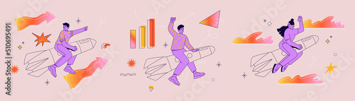 Young girl and two guys flying on the rocket in sky. Businessmen aim for a goal. Launch and development of start ups. Hand drawn vector illustration isolated on colored background. Flat cartoon style.