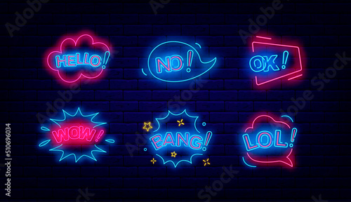Comics speech bubbles neon signs collection. Hello, lol and Bang. Ok, no and pow. Vector stock illustration