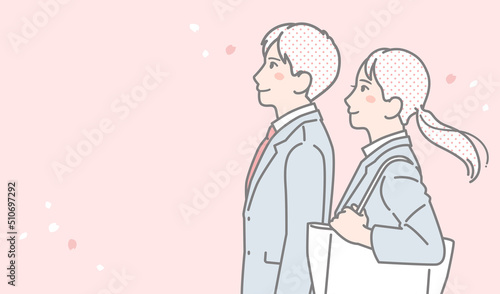 就職活動に挑むスーツの男女と桜のシンプルなベクターイラスト素材