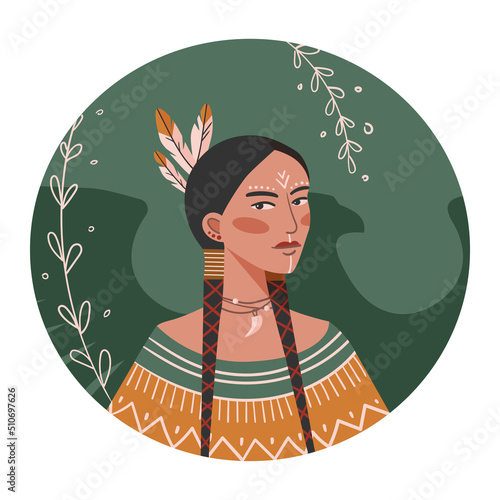 Vector illustration of an Indian woman in a national costume.Portrait of an Indian woman on a green background. Avatar of an Indian woman in a flat style