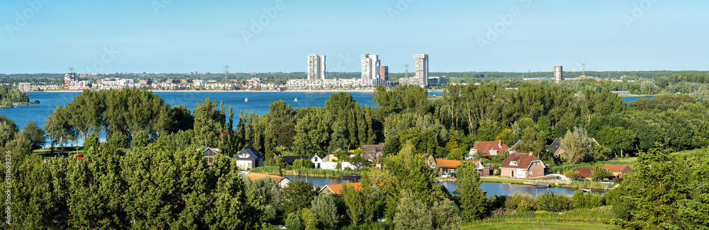 Panoramatic view of recreational area at the north of Rotterdam with lake Zevenhuizerplas and the Rotte river