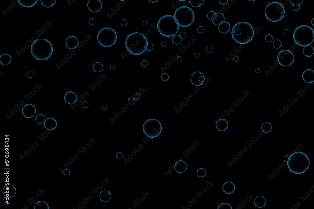 Blue air Bubbles, oxygen, champagne crystal clear isolated on a black background of modern design. Vector illustration of EPS 10.