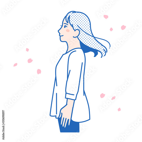 女性と桜のシンプルなベクターイラスト素材