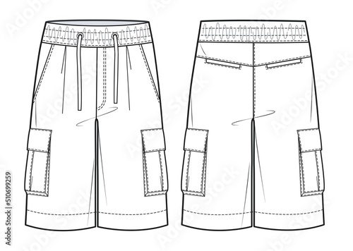 Men's Cargo Shorts fashion flat technical drawing template. Short Pants, fashion flat sketch, front and back view, white.