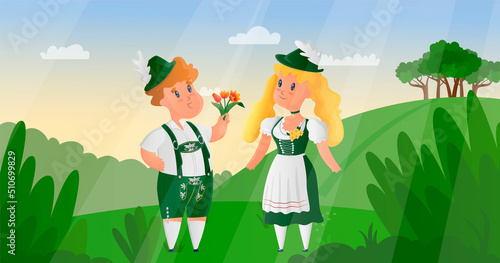Vector cartoon isolated illustration with characters in traditional German, Bavarian costumes. A young man gives a woman bouquet of flowers, tulips. It can be used in web design, banners, etc.