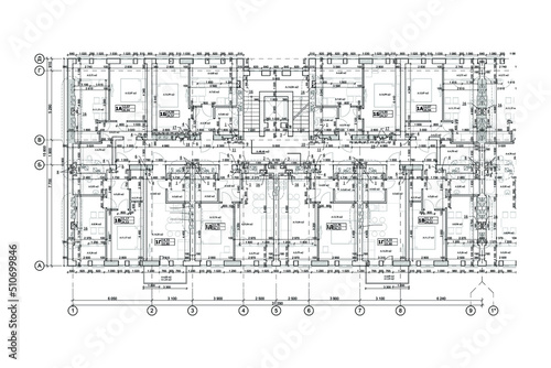 Apartment building detailed architectural technical drawing, vector blueprint floor layout