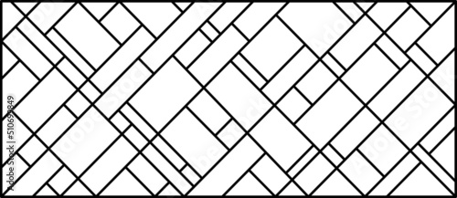 Vector sketch of a stained glass window. Vintage pattern. Abstract stained glass background. Art Deco decor for interior. Luxury modern interior. Template for design. Fence. Iron railing.