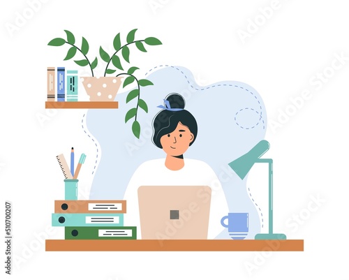 Female character studying or working. Girl with laptop. Table with folders, coffee cup, lamp. Freelancer at work. Concept remote work or study. Cute flat vector illustration.