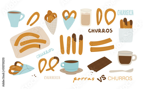 Churros, porras, chocolate and coffee. Big set of vector isolated illustrations for design. Spanish, Madrid or Mexican traditional pastries for breakfast. photo