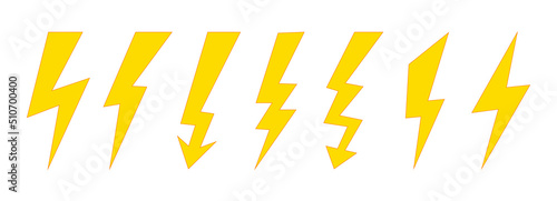 Set lighting bolt vector icon. Yellow thunderbolt symbol. Weather forecast. Vector illustration for design and print