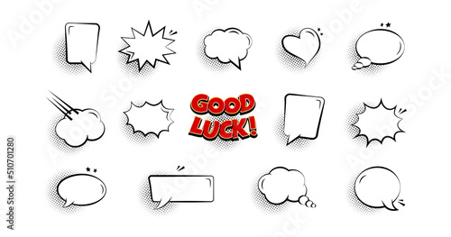 Comic speech vector balloon, cartoon talk cloud, speak chat dialog icon, think frame, retro text message, communication set. Good luck tag. Bubble in pop art style, sound expression. Fun illustration